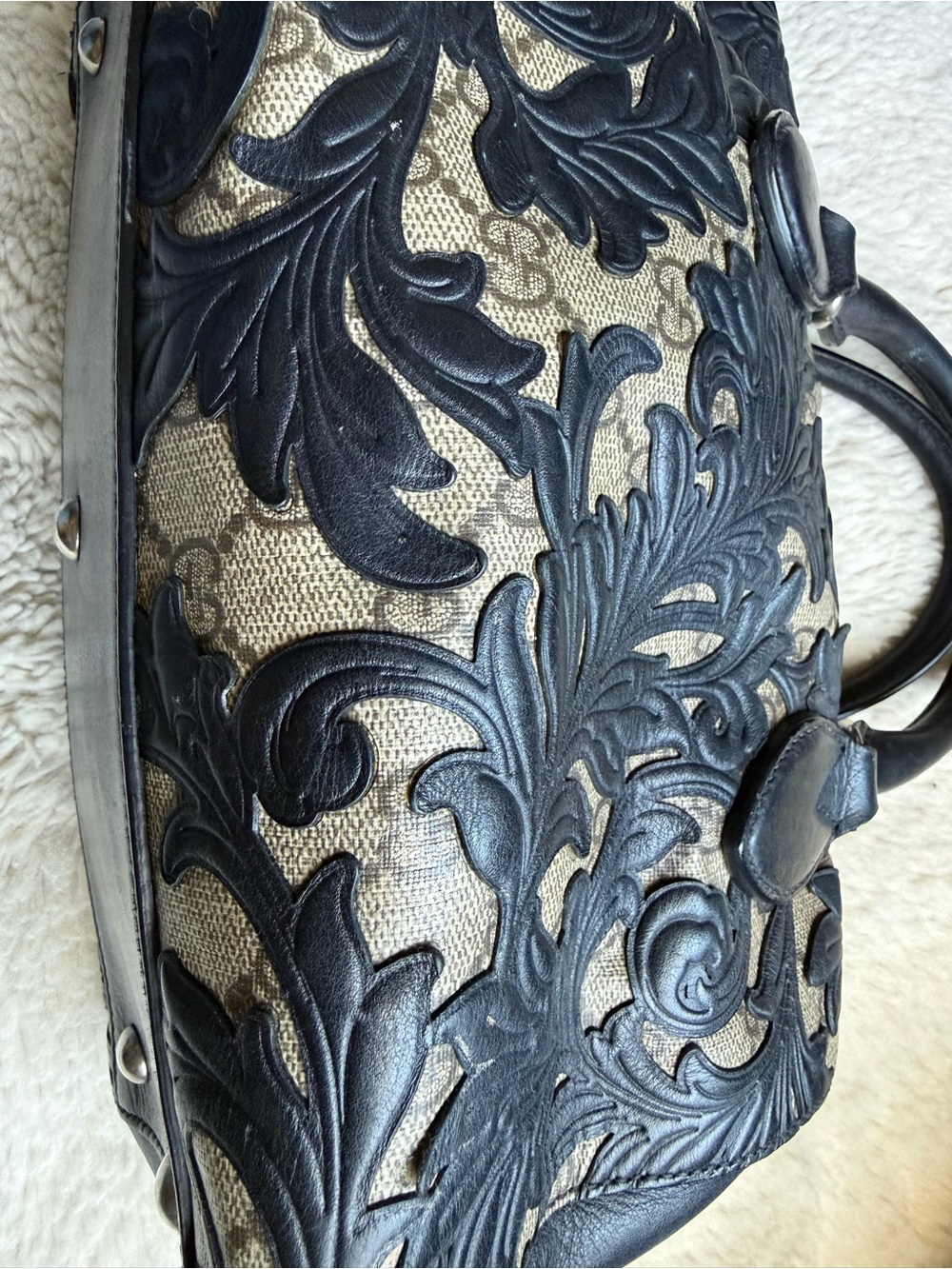 Gucci Preloved Black GG Supreme Arabesque Tooled Floral Leather Accent Satchel - Picture 3 of 17